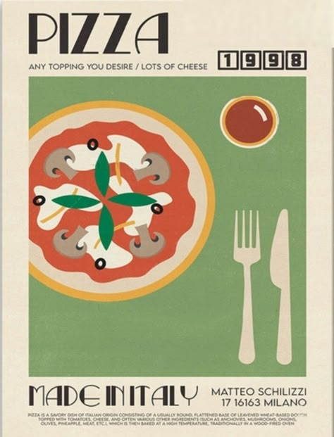 #brandingagency #design Cooking Poster Design Ideas, Vintage Food Posters Retro, Kitchen Poster Design, Vintage Pizza Poster, New Branch Opening Poster, Food Graphic Design Poster Ideas, Moodboard Design Graphic, Pizza Illustration Design, Pizza Poster Design