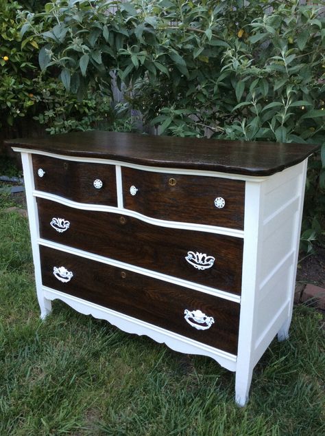 Two toned white and dark wood dresser White And Dark Wood Furniture, Two Tone Dresser Makeover, Two Toned Dresser, Refinished Dresser Diy, Two Tone Furniture, Refurbish Ideas, Dark Wood Dresser, Dresser Paint, Two Tone Dresser