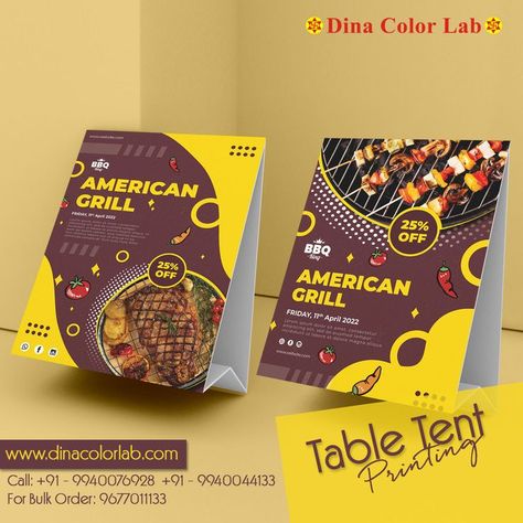 Printed table menu stands to showcase menu offerings at restaurants. Small (A5), economical, eye-catching marketing tool. Professional Printing Company provide quality Table Tent Cards Printing & Prints. ✓Exclusive Designs ✓Free Shipping ✓Premium Quality. http://www.dinacolorlab.com Call: +91 - 9940076928 +91 - 9940044133 For Bulk Order: 9677011133 #tentcards #tentcard #tentcardprining #tabletentcardsprinting #tabletentcardsprintings #tabletentcardsdesign #tabletentcards Table Tent Card, Menu Stand, Bbq King, Tent Card, Table Tents, Card Printing, Color Lab, Tent Cards, Bulk Order