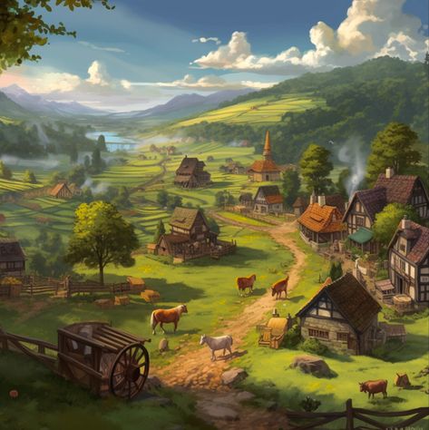 Fantasy Farming Town, Farming Village Fantasy Art, Fantasy Rural Village, Farming Village Concept Art, Fantasy Town Art Landscapes, Medieval Farming Village, Fantasy Farmland Landscape, Dnd Village Art, Fantasy Farming Village