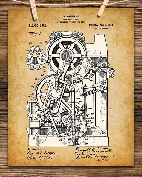 Printing Press Art Print - 11x14 Unframed Patent Print - Great Room Decor or Gift for Writers: Handmade Vintage Printing Press, Classic Home Office, Great Room Decor, Patent Art Prints, House Wall Art, Wall Art Display, 70s Vintage Fashion, Classic Home, Patent Art