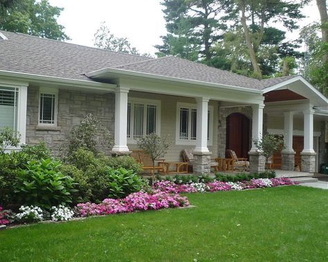 Peak added to a front porch & columns Farmhouse Front Porch Decor, Front Porch Addition, Front Porch Columns, Veranda Design, Ranch House Remodel, Porch Addition, Ranch Remodel, Building A Porch, Porch Columns