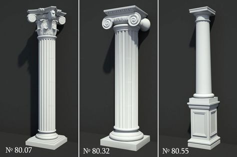 We bring to your attention to download a practical collection of 3D models of decorative columns. More than 70 sets: column base + column shaft + column capital. Any model can be easily scaled to the size you need. By increasing or decreasing the length of the column shaft, you can change the overall proportions of the 3D model of the decorative column. Classic House Interior Design, Front Porch Columns, Column Capital, Cornice Design, Decorative Columns, Doric Column, Square Columns, Column Base, Pillar Design