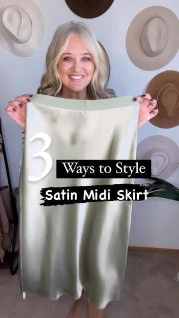 Dawn 🖤 Ageless Chic Casual Style on Instagram: "HOW TO STYLE// A stain midi skirt 3 ways! I love this one so much I ordered in another color! . I’m wearing the size 6! You can shop all the pieces with the link in my bio! . #founditonamazon #pinterestaesthetic #pinterestgirl #pinterestfashion #amazonfashionfinds #targetstyle #pinterestinspired #momstyle #falloutfit #midlife" Stain Skirts Outfits, Stain Skirt Outfit, How To Style A Satin Midi Skirt, Satin Midi Skirt Sweater Outfit, Cream Satin Skirt Outfit, How To Style Satin Skirt, Petite Satin Midi Skirt, Satin Midi Skirt Snowy, Green Satin Midi Skirt