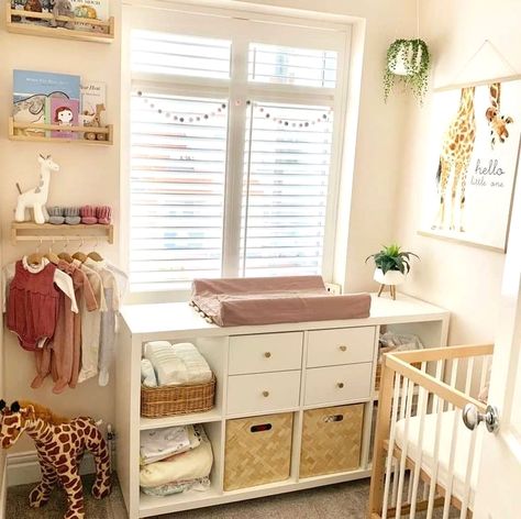 Ikea Small Nursery, Kallax In Nursery, Ikea Nursery Ideas Small Spaces, Small Box Room Nursery Ideas, Kallax Nursery Ideas, Baby Nursery Inspiration Small Room, Small Wall Storage Ideas, Nursery Hacks For Small Spaces, Nursery Set Up Layout Small Spaces