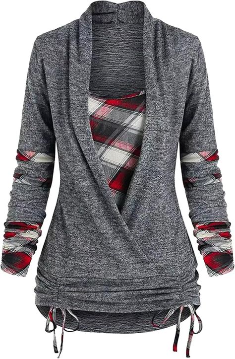 Dresswel Dressy Plaid Tops for Women Long Sleeve Plaid Shirt Fall Wrap Tops with Side Ruched Drawstring Vintage Blouse at Amazon Women’s Clothing store Winter Plaid, Pullover Outfit, Long Sleeve Tops Casual, Plaid Fashion, Vintage Plaid, Long Sleeve Sweatshirts, Women Long Sleeve, Sweater Outfits, Sweatshirts Women