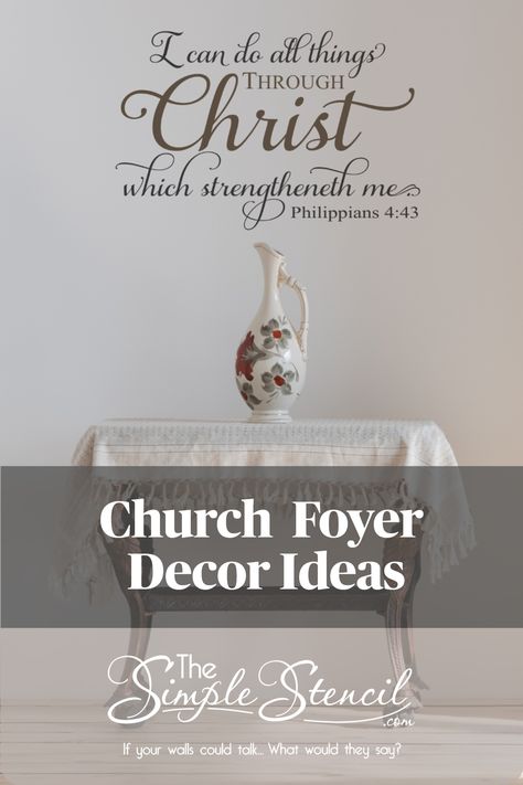 High Quality Wall Decals that are easy to install, look painted on (no clear backgroun), removable. Thousands of designs, something for every church room or event. Browse our large spiritual collection to find the perfect design to inspire your church members. Try our Bible search feature to find the perfect verse, then design it in our online design center to customize it for your churches decor and space. Satisfaction Guaranteed! #walldecor #churchdecor #churches #bibleverse #decals #decal Small Church Foyer Ideas Entryway, Church Foyer Decorating Ideas, Church Entryway Decor Foyers, Small Church Lobby Design, Church Welcome Table, Welcome Center Church Ideas, Church Foyer Decor, Church Easter Decorations Sanctuary, Church Decor Lobby