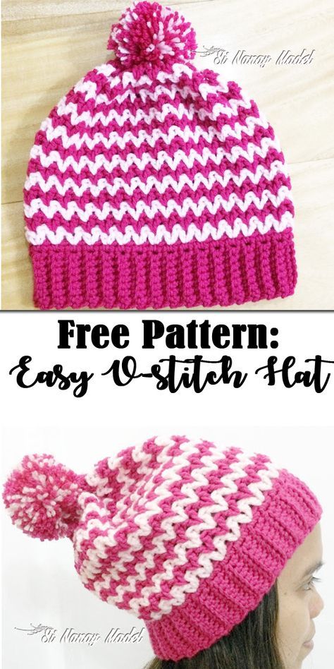 FREE PATTERN for an Easy V-Stitch Hat. V-stitches are so fun and easy to make. Try making this hat pattern and you will know. Crochet Chevron Hat, Crochet Pouches, Hat Free Crochet Pattern, Beginner Patterns, V Stitch Crochet, Crochet Beanie Pattern Free, Stitch Hat, Chemo Hats, Crochet Beanies