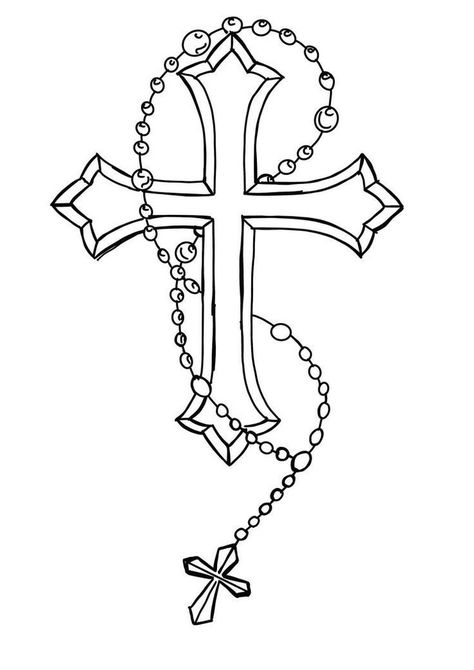 Cross And Chain Tattoo, Cross With Rosary Tattoo Design, Side Neck Tattoo For Guys Ideas, Rosary Outline, Crucifix Drawing, Cross Tattoo Stencil, Rosary Drawing, Crucifix Tattoo, Cruces Tattoo