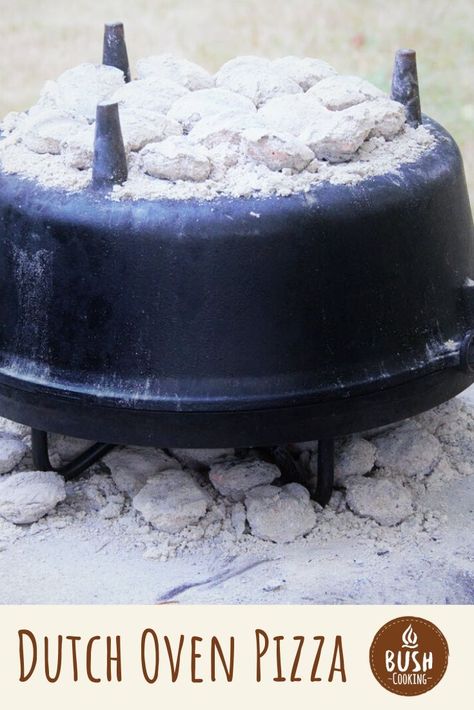 It is surprisingly easy to cook a pizza in a Dutch oven, especially when it is upside down. This is a simple recipe to get you started with this technique which produces a crispy crust.  #bushcooking #pizza #dutchoven #dutchovenpizza #campcooking Dutch Oven Cooking Fire Pits, Campfire Cooking Dutch Oven, Dutch Oven Pizza Camping, Dutch Oven Ham, Glamping Food, Campfire Dutch Oven Recipes, Oven Ham, Outdoor Pizza Oven Recipes, Dutch Oven Pizza