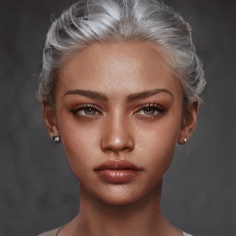 White Hair Dark Skin, Brown Hair And Grey Eyes, Dark Skin Light Hair, Book Building, Fantasy Brown, Character Pictures, Female Character Inspiration, Tan Woman, Gray Eyes