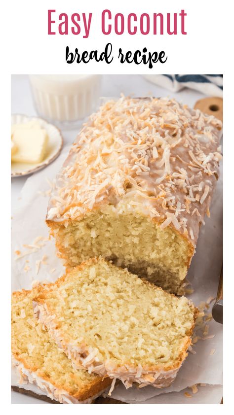 This easy coconut bread recipe is bursting with coconut flavor! This bread is made with coconut milk, sweetened coconut flakes, and topped with a coconut glaze and toasted, shredded coconut.