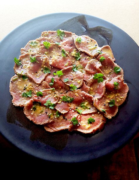 Seared Beef or Venison ‘Carpaccio’ with a Thai-Style Dressing | Scrumptious South Africa Venison Carpaccio, Beef And Pork Burgers, Beef Carpaccio Recipe, Carpaccio Recipe, South African Food, High Fat Low Carb Recipes, Banting Recipes, Beef Carpaccio, Scottish Recipes