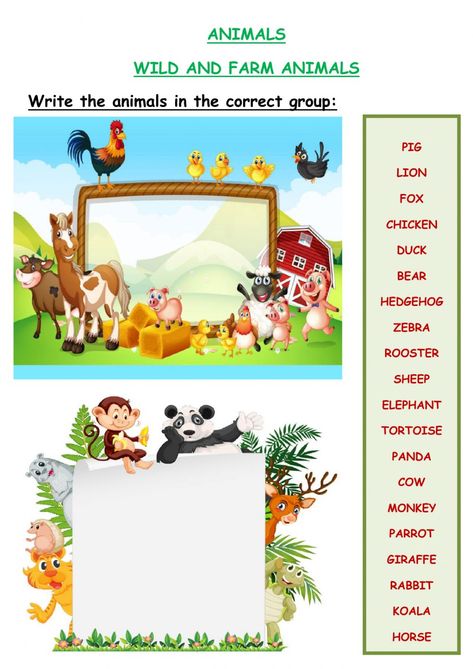 Wild and farm animals - Interactive worksheet Farm And Wild Animals Worksheet, Farm Animals Worksheet, Wild Animals Printable, Animals Worksheet, Animal Activities For Kids, English Grammar For Kids, Bear Gif, Grammar For Kids, Esl Vocabulary