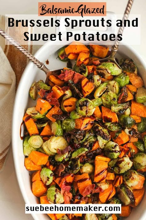 Balsamic Glazed Brussels Sprouts and Sweet Potatoes are perfect for both entertaining or for any weeknight dinner. This colorful side dish combines roasted Brussels sprouts and sweet potatoes, crispy bacon, and a delicious Balsamic drizzle. Brussel Sprouts And Sweet Potato Recipe, Balsamic Sweet Potatoes, Brussels Sprouts And Sweet Potatoes, Brussel Spouts, Pie Night, Glazed Brussels Sprouts, Sweet Potato Bacon, Sprouting Sweet Potatoes, Balsamic Drizzle