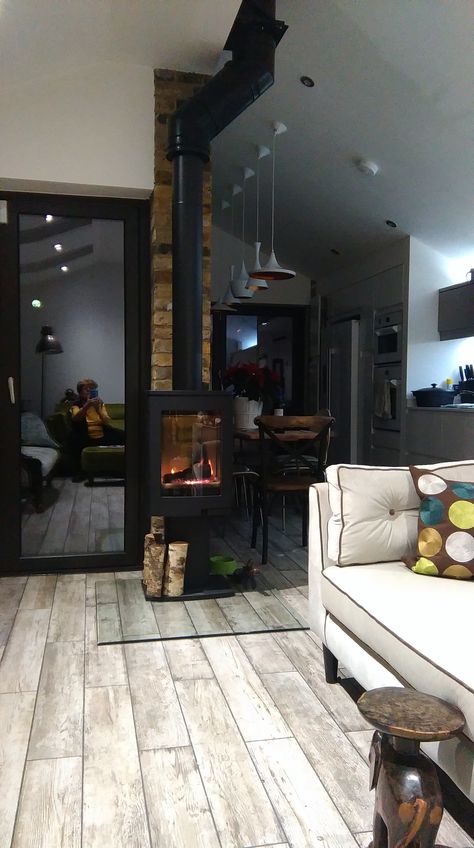 Mountain House Living Room, Log Burner Living Room, Pot Belly Stove, Brick Chimney, Black Brick, Wood Burning Fires, Dark Wall, Log Burner, House Projects