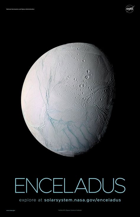 Saturn's Moon Enceladus Poster - Version A | NASA Solar System Exploration Enceladus Moon, Outer Space Facts, Outer Space Drawing, Nasa Planets, Nasa Solar System, Outer Space Wallpaper, Outer Space Planets, Solar System Poster, Saturns Moons