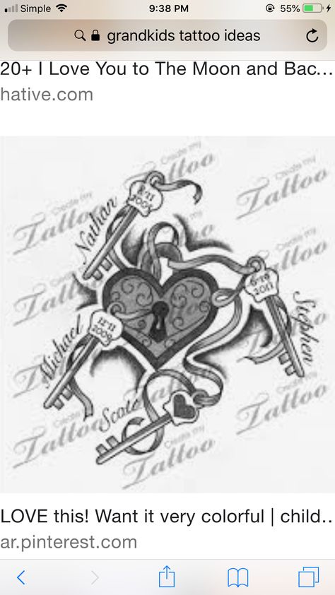 Tattoos For Childrens Names, Locket Tattoos, Front Shoulder Tattoos, Baby Name Tattoos, Family Tree Tattoo, Tattoos Infinity, Key Tattoo, Mouse Tattoos, Tattoos With Kids Names