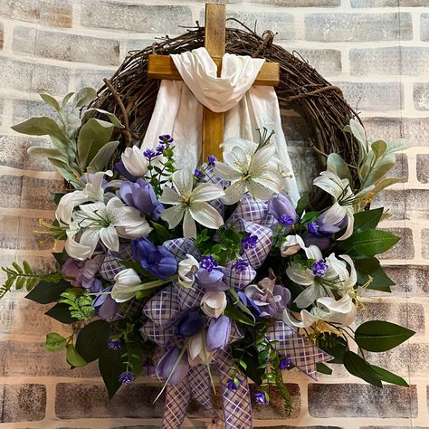 Faster shipping. Better service Wreath With Cross, Easter Wreath Cross, Easter Front Door Wreath, Easter Front Door, Door Hanging Decorations, Purple And White Flowers, Easter Spring Wreath, Cross Wreath, Easter Religious