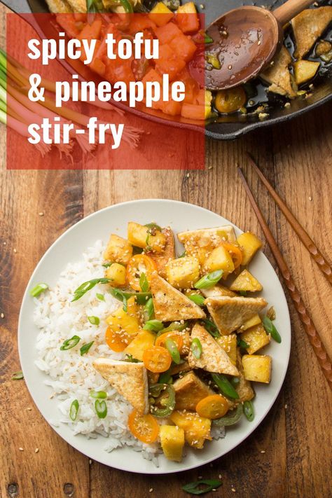 This tofu and pineapple stir-fry is packed with sweet and spicy flavor and comes together lightning fast! Easy, delicious, and perfect for a weeknight dinner. Naturally vegan, vegetarian, and optionally gluten-free! #veganrecipes #tofu #stirfry Tofu Pineapple, Recipes Using Tofu, Vegan Entree Recipes, Vegan Entrees, Tofu Recipes Vegan, Tempeh Recipes, Vegan Dinner Recipes Easy, Tofu Stir Fry, Grilled Tofu