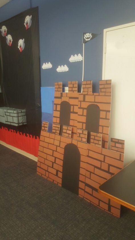 Super Mario Entrance, Life Size Mario Game, Diy Bowser Decorations, Super Mario Brothers Classroom Theme, Super Mario Outdoor Decor, Mario Hallway Theme, Mario Bros Office Decorations, Mario Photo Backdrop, Bowsers Castle Decoration