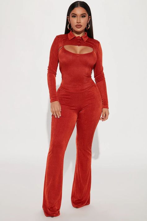 Women's Lindsay 3 Piece Pant Set in Rust Size Large by Fashion Nova Check more at https://sharethelinks.com/womens-lindsay-3-piece-pant-set-in-rust-size-large-by-fashion-nova/ Relaxing Lounge, Costume Design Sketch, Blessed Wednesday, Drawing Female, Gorgeous Outfits, Fashion Nova Outfits, Janet Guzman, Flare Leg Pants, Female Body