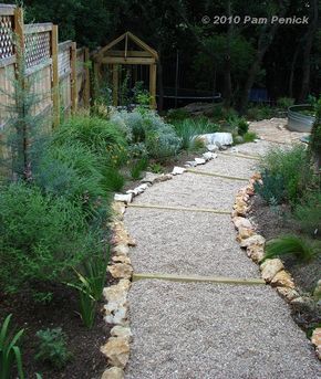 Easy gravel path on a slope Crushed Limestone, Gravel Walkway, Landscaping On A Hill, Gravel Landscaping, Gravel Patio, Sloped Backyard, Gravel Path, Sloped Garden, Gravel Garden