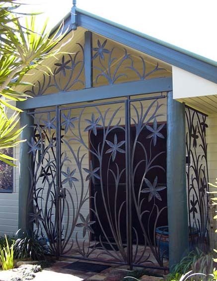 Wrought Iron security entry for front door. - Brisbane Wrought Iron                                                                                                                                                                                 More Wrought Iron Awning, Wrought Iron Security Doors, Iron Security Doors, Wrought Iron Front Door, Burglar Bars, Iron Front Door, Window Bars, Security Gates, Wrought Iron Decor