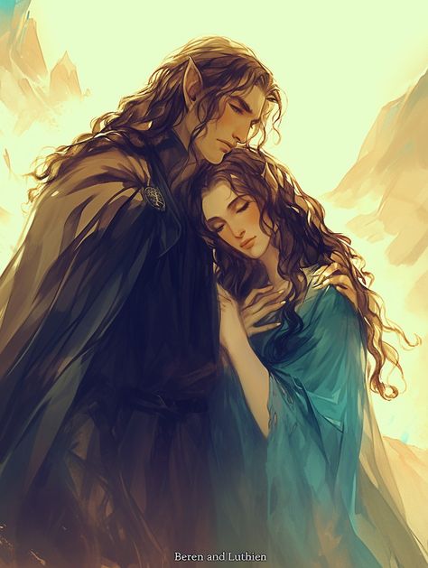 Elven Lovers, Elf Couple Art, Elf Romance Art, Elf And Human Couple, Elven Couple Art, Tolkien Elf Art, Pregnant Elf Fantasy Art, Blood Elf, Romantic Art