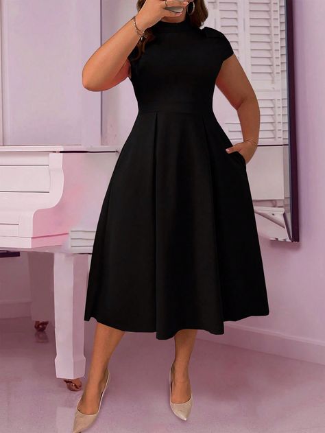 Plus Size Women Solid Black Knit Stand Collar Bowknot A-Line Elegant Dress Black Elegant  Short Sleeve Knitted Fabric Plain A Line Slight Stretch  Women Plus Clothing, size features are:Bust: ,Length: ,Sleeve Length: Plus Size Corporate Outfits, Law Outfits, Corporate Gowns, Black Dress Work, Grey Colour Suit, Dot Print Dress, Dress Work, Black Dresses Casual, Sleeves (women)