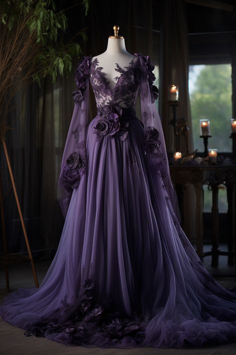 Lavender flower inspired gown Purple Ballgown, Amethyst Dress, Villain Dresses, Epic Clothing, Flower Gown, Purple Wedding Dress, Purple Gowns, Fancy Gowns, Fantasy Dresses