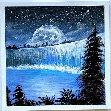 Bridge Painting Acrylic Simple, Waterfall Painting Landscape, Simple Waterfall Painting, Day Scenery Painting, Water Fall Painting Ideas, Mountain Waterfall Painting, Waterfall Painting Easy Step By Step, How To Paint A Waterfall, Painting Landscape Acrylic