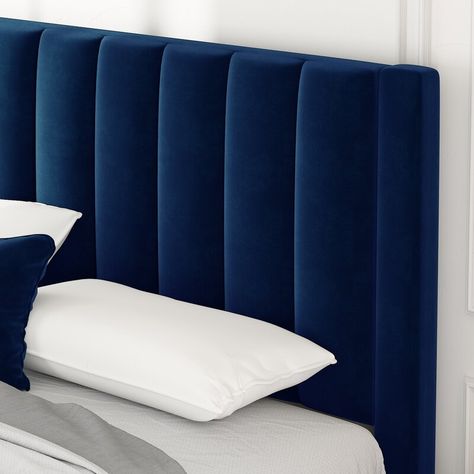 Navy velvet heardboard bed from wayfair Velvet Tufted Bed, Bed Frame Velvet, Channel Tufted Headboard, Bedroom Sets Furniture Queen, Headboard Velvet, King Platform Bed Frame, Queen Platform Bed Frame, Steel Bed Frame, Velvet Upholstered Bed