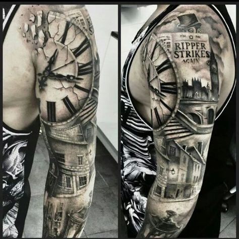 Jack the Ripper tattoo / tattoo ideas / tattoo sleeve designs Clock Tattoo Sleeve, Hammer Tattoo, Tatoo 3d, Mangas Tattoo, Street Tattoo, Clock Tattoo Design, Sick Tattoo, Skirt Diy, Muster Tattoos