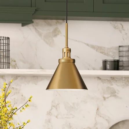 Willa Arlo Interiors Port Morris 1 - Light Single Cone Pendant | Wayfair Cone Pendant Light, Sink Lights, Pendant Brass, Single Pendant Lighting, Pendant Fixture, Brass Pendant Light, Metal Pendant Light, Hanging Fixture, Industrial Pendant Lights