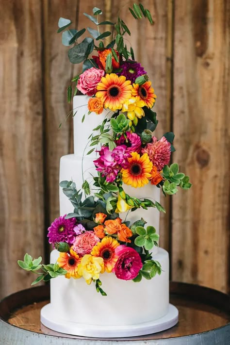 Colourful Bright Flower Floral Cake Cheshire Woodland Weddings Jessica O’Shaughessy Wedding Photography #ColourfulCake #BrightCake #FlowerCake #FloralCake #Cake #Wedding #WeddingCake Jessica O, Bright Cakes, Woodland Wedding Inspiration, Colorful Wedding Cakes, Bright Wedding Colors, Bright Wedding Flowers, Wedding Cake Tops, Wedding Cake Ideas, Floral Wedding Cake