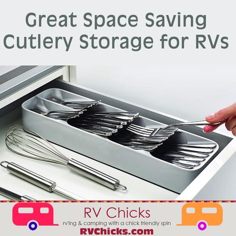 Save a ton of space using this new style cutlery storage rather than the traditional one that takes up a ton of space. My RV kitchen space is at a premium, and this frees up a ton of space. Rv Silverware Storage, Rv Silverware Storage Ideas, Small Apartment Storage, Silverware Storage, A Lot Of Food, Silverware Organization, Apartment Storage, Disposable Cutlery, Rv Kitchen