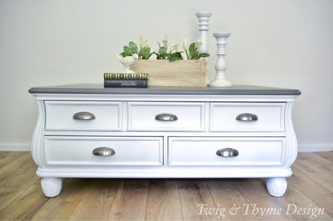 "This big and beautiful coffee table is complete and up for sale! She's been painted in General Finishes crisp Snow White Milk Paint and sealed in their High Performance Topcoat for added durability. Her top has been refinished in a beautiful medium gray Weathered Wood stain that will blend beautifully with any home decor!" - Twig & Thyme Design Stained Wood Dresser, Refurbished Buffet, Weathered Wood Stain, Gray Stained Wood, General Finishes, Painting Wood, Wood Dresser, Painting Furniture, Booth Ideas