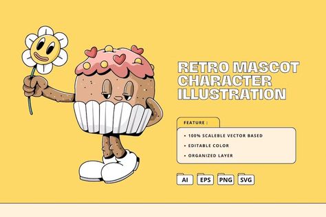 Cupcake Valentine Retro Mascot Character, Illustrations ft. cupcake & love - Envato Elements Cupcake Valentine, Retro Mascot, Mascot Character, Valentines Cupcakes, Retro Illustration, Envato Elements, Illustration Design, Cupcake, Illustrations