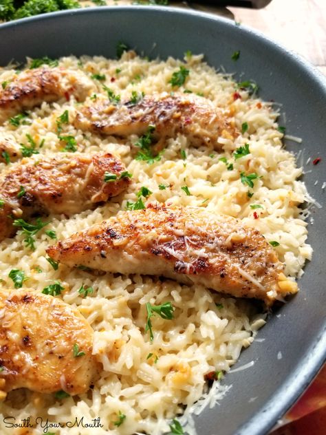 Garlic Parmesan Rice, Parmesan Rice, Chicken Scampi, Easy Skillet Meals, Easy Skillet, Awesome Recipes, Hearty Meal, Chicken Dinners, Chicken And Rice