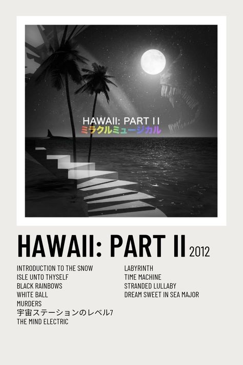 Minimalist music poster of Miracle Musical's "Hawaii: Part II" album. 10x15cm recommended. Hawaii Part Ii, Musical Wallpaper, Miracle Musical, Minimalist Music, Tally Hall, Mental Hospital, Polaroid Poster, Im Lost, Album Cover Art