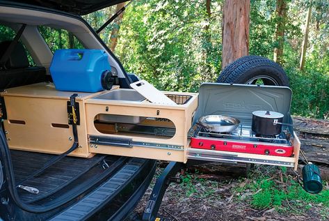 This Pull-Out Kitchen Turns Almost Any SUV into a Great Car Camper • Gear Patrol Astuces Camping-car, T3 Vw, Suv Camper, Auto Camping, Minivan Camping, Truck Bed Camping, Camper Kitchen, Truck Bed Camper, Suv Camping