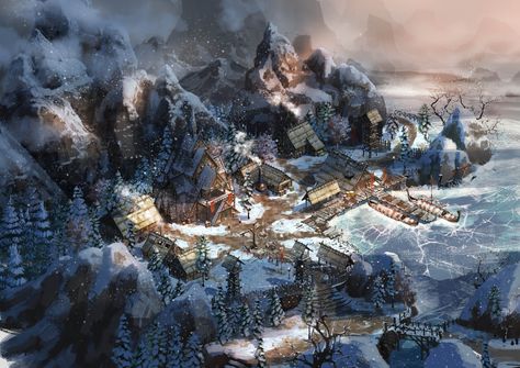 ArtStation - Viking Nordic Concept Village Topography Winter Background and Props Village Concept Art, Nordic Village, Viking Village, Fantasy Village, Fantasy Town, Winter Background, Fantasy City, Fantasy Places, Fantasy Map