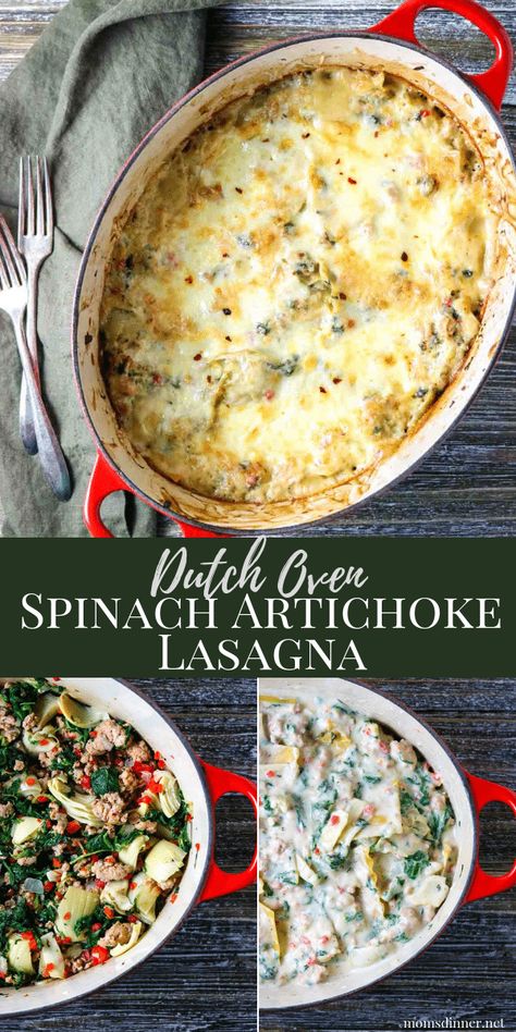 Creamy & Cheesy Dutch Oven Spinach Artichoke Lasagna... a one-pot lasagna recipe that tastes like a spinach artichoke dip and lasagna mash up. Easy to make and easy to clean up...delicious to eat. #lasagna #spinachartichoke #onepot #dutchoven Healthy One Pot Dutch Oven Meals, Dutch Oven Vegetarian Recipes, Dutch Oven Casserole Recipes, Dutch Oven Recipes Vegetarian, Vegetarian Dutch Oven Recipes, One Pot Dutch Oven Meals, Dutch Oven Pasta, Dutch Oven Pasta Recipes, Healthy Dutch Oven Recipes