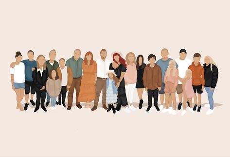 Family Illustration Art Aesthetic, Family Aesthetic Cartoon, Family Aesthetic Drawing, Group Photo Illustration, Family Aesthetic Art, Family Aesthetic Pictures, Big Family Aesthetic Faceless, Big Family Drawing, Family Photo Drawing