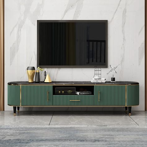 78.7" Modern Oval TV Stand Faux Marble Top Green Media Stand with 2 Doors & 1 Drawer Oval Tv Stand, Tv Wanddekor, Modern Tv Unit Designs, Tv Stand Designs, Tv Cabinet Design, Tv Unit Interior Design, Modern Tv Units, Modern Tv Wall, Tv Wall Decor