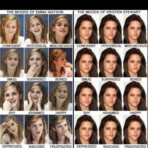 The difference between Kristen Stewart and Emma Watson's face expressions :) Harry Potter Vs Twilight, Meme Harry Potter, Glume Harry Potter, Emotion Chart, Kristin Stewart, Images Harry Potter, 웃긴 사진, Harry Potter Funny, E Card