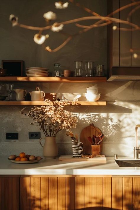 Warm Brown Kitchen Decor Tips | My Personal Favorites Brown Kitchen Decor, Color Tile Backsplash, White Oak Table, Kitchen Decorating Ideas, Brown Kitchen, Brown Kitchens, Modern Appliances, Boho Kitchen, Kitchen Decorating