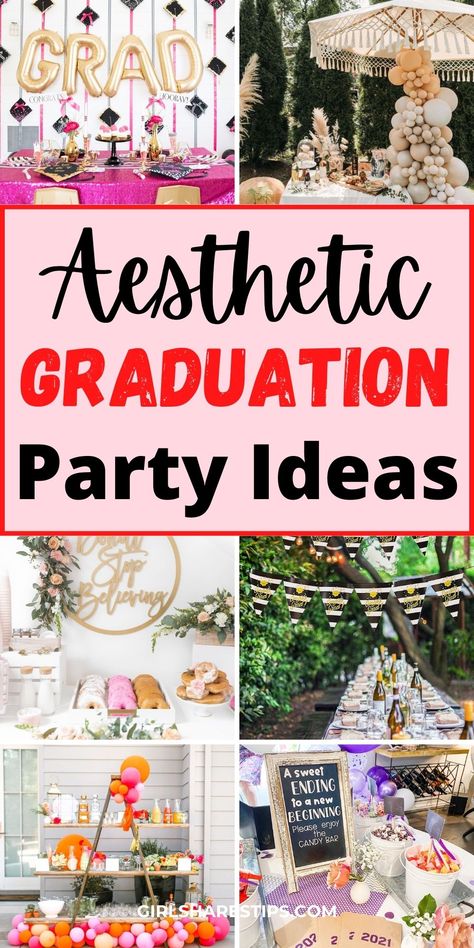 High School Graduation Party Ideas Girl, Beauty School Graduation Party Ideas, Party Ideas College, Colorful Graduation Party, Graduation Party Ideas College, Aesthetic Graduation Party, Backdrops Graduation, Luxury Graduation, College Graduation Party Ideas