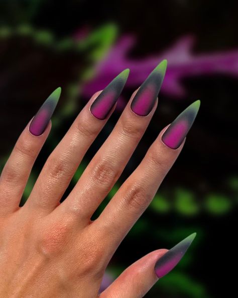 Coleus - Forest Green, Magenta, and Fern Green Matte Ombre Nail A study of the more colorful varieties of the coleus plant. Designed by Jas (@jasgotbars) Choose your preferred nail shape and length! Order Details CUSTOM SIZED. 7-15 day lead time (from the time we receive customer sizes). Lead times can vary due to seasonal traffic and shipping delays. New clients will receive a free sizing kit in advance of production. Sizes stay on file for all future orders. We will not begin creating your set Lime Ombre Nails, Under Nail Color, Thermal Acrylic Nails, Green Halloween Nail Art, Dark Tropical Nails, Green Pink Ombre Nails, Black Purple And Green Nails, Black Purple Green Nails, Emerald And Black Nails